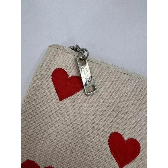 Edie Parker Heart Zip Pouch Vermillion Hearts Front Neutral on Back 11.5Wx8Hx1D